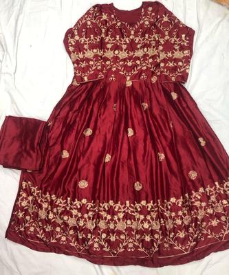 2 Pcs Women’s Stitched Shamoz Silk Zari Tilla Embroidered Maxi