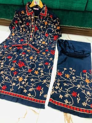 2 Pcs Women’s Stitched Katan Silk Embroidered Suit