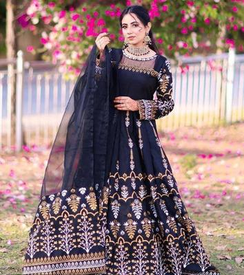 3 Pcs Women's Embroidered Silk Maxi Suit with Dupatta and Trouser