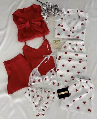 8pcs night dress silk robe cami top & short set pajama with red hearts bra and under wear with red hearts short and shirt with red hearts