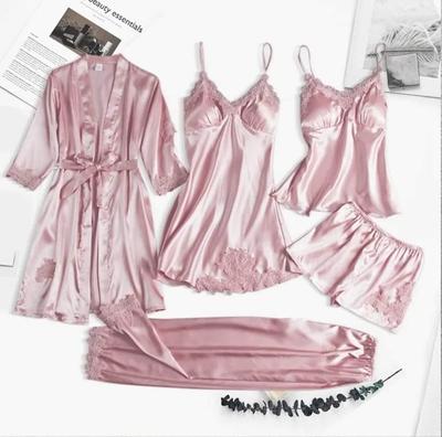 5 Pcs Silk Plain Comfortable And Lightweight Nightwear Set