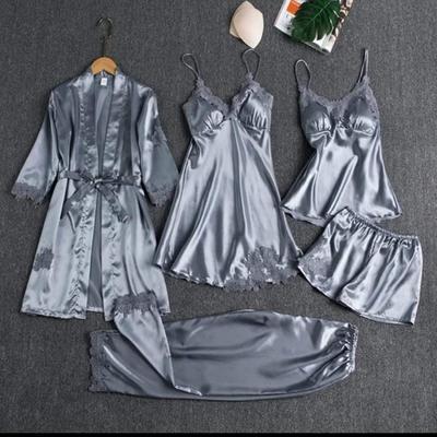 5 Pcs Silk Plain Comfortable And Lightweight Nightwear Set
