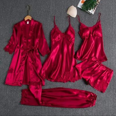 5 Pcs Silk Plain Comfortable And Lightweight Nightwear Set