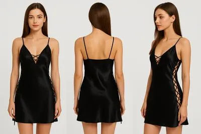 Luxurious Silk V-Neck Nightgown - 1 Pc Women's Stitched Sleepwear in Black
