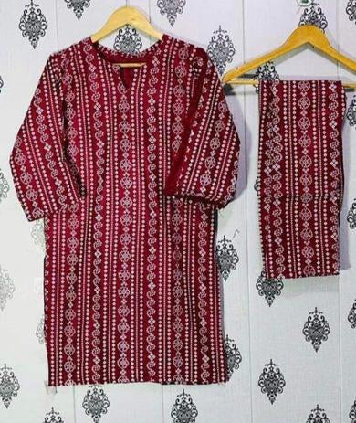 2 Pcs Summer Printed Linen Stitiched Suit