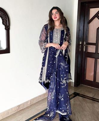 3 Pcs Women's Stitched Fancy Organza Embroidered Suit