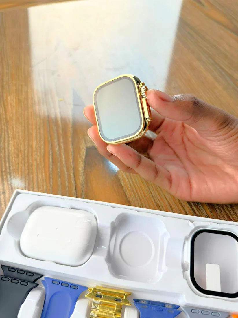 20 Ultra Max Suit (10-in-1 Set) – Smartwatch with 7 Plain Color Straps and AirPods – Complete Combo for Men and Women