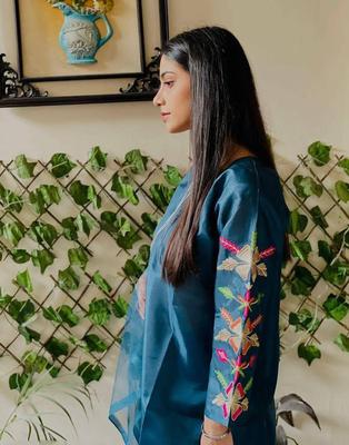 3 Pcs Women's Stitched Katan Silk Embroidered Suit