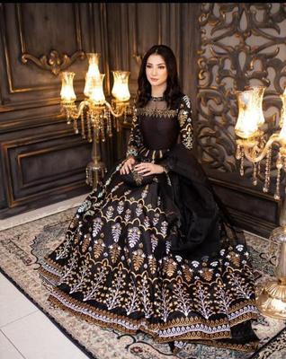3 Pcs Women's Stitched Katan Silk Embroidered Maxi