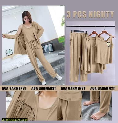 3 Pcs Women's Stitched Plain Night Suit