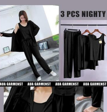 3 Pcs Women's Stitched Plain Night Suit