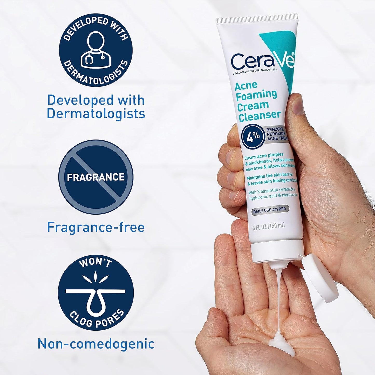 CeraVe Acne Foaming Cream Cleanser – 4% Benzoyl Peroxide Treatment