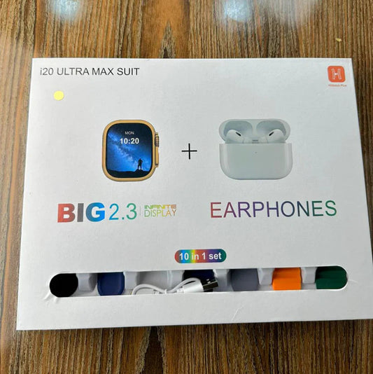 20 Ultra Max Suit (10-in-1 Set) – Smartwatch with 7 Plain Color Straps and AirPods – Complete Combo for Men and Women