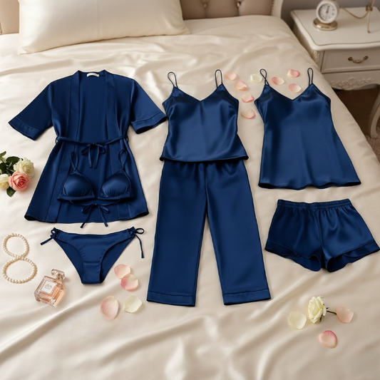 7-Piece Satin Sleepwear & Lingerie Set for Women – Luxury Nightwear Collection with Robe, Slip Dress, Camisole & More