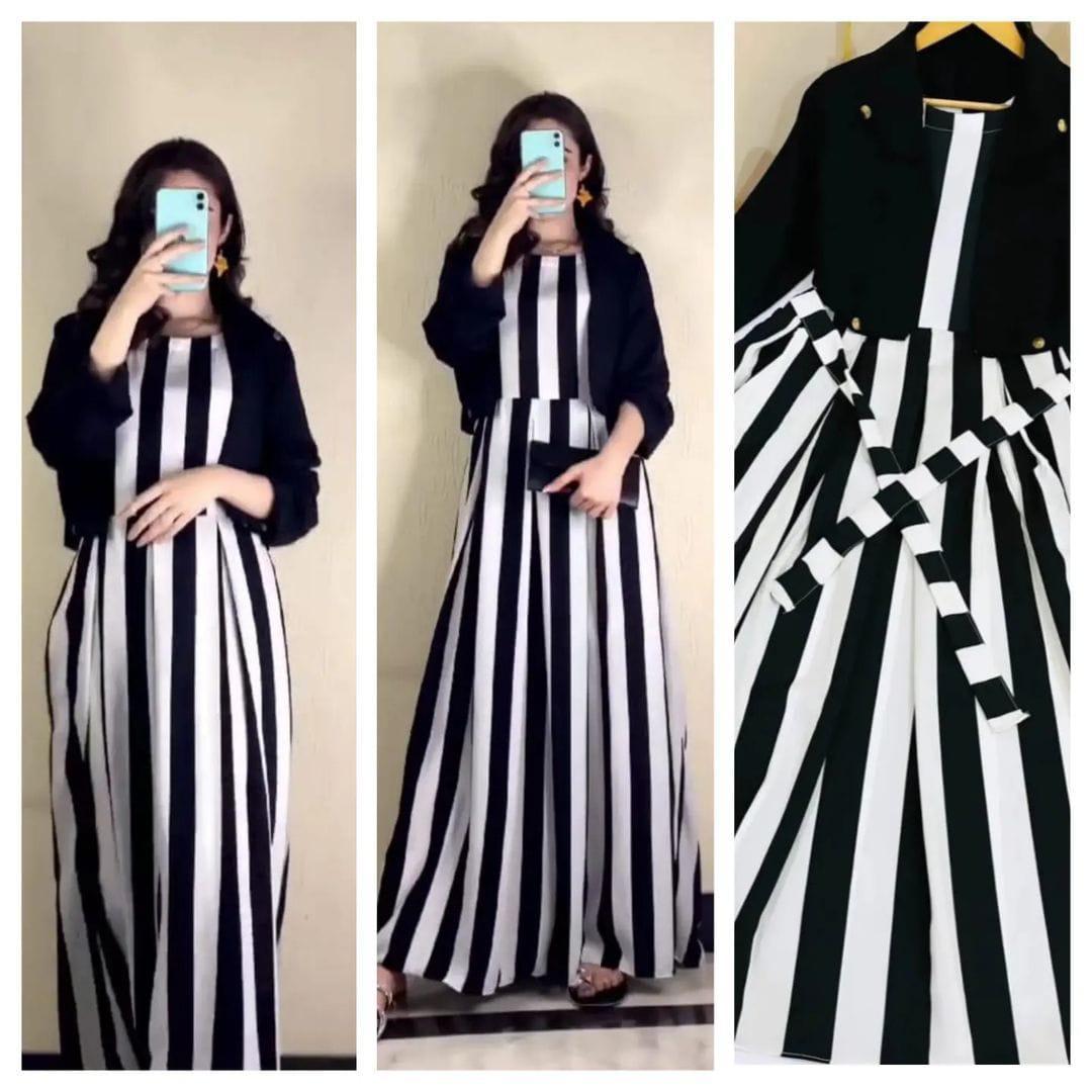 2 Pcs Women's Stitched Linen Striped Maxi