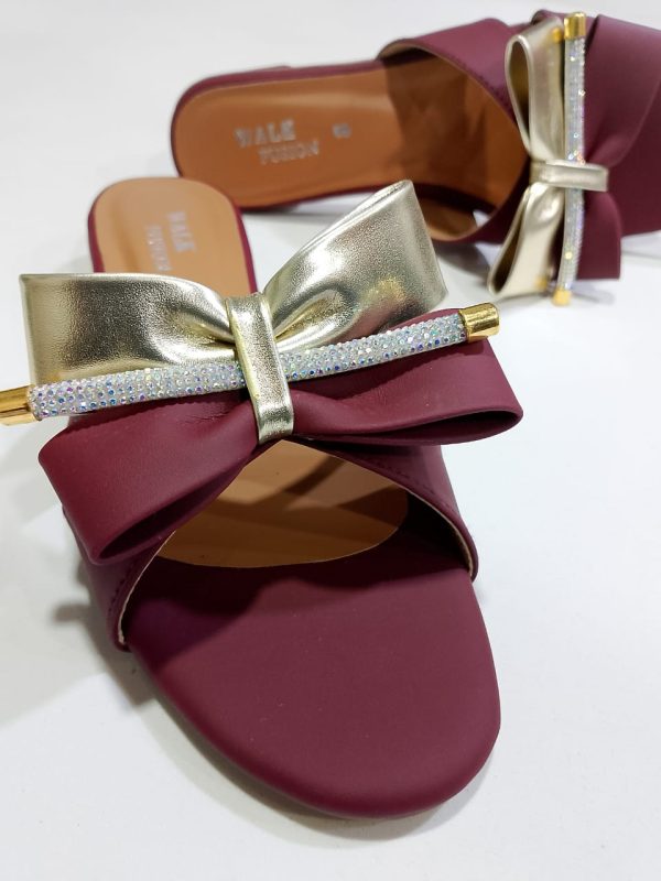 Stylish Maroon Block Heel Slip-on Slippers For Women With Golden Bow And Rhinestone Detailing – Comfortable Daily & Party Wearone Perfect Pair Stylish | Comfortable | Premium Quality | Slipper | Slipper For Women (with Box)