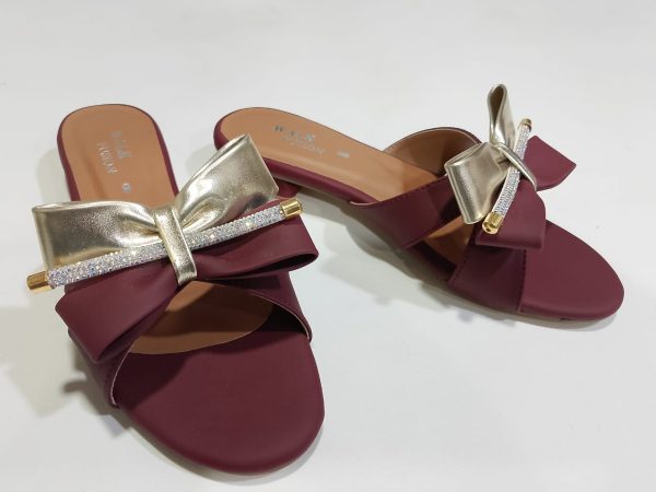 Stylish Maroon Block Heel Slip-on Slippers For Women With Golden Bow And Rhinestone Detailing – Comfortable Daily & Party Wearone Perfect Pair Stylish | Comfortable | Premium Quality | Slipper | Slipper For Women (with Box)
