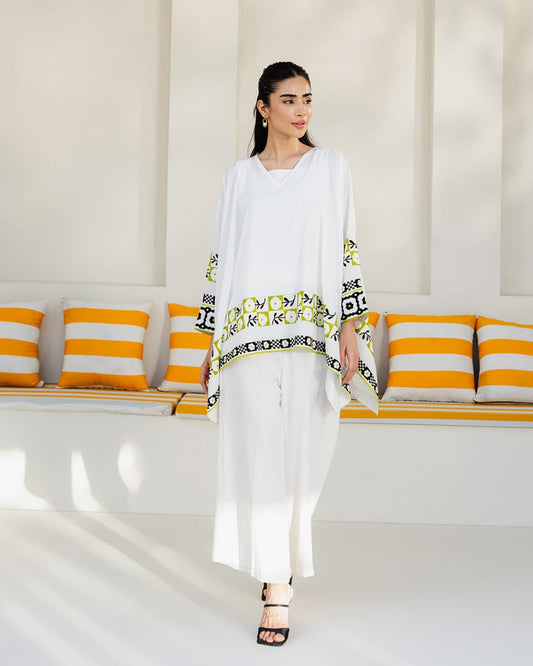 Women's 3-Piece Swiss Lawn Printed Suit – White, Medium Size, Shirt, Trouser & Inner Set, Elegant Summer Outfit