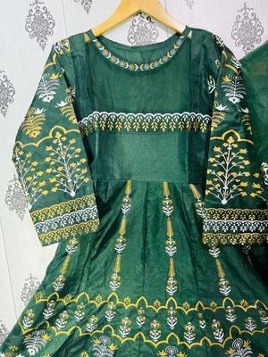 3 Pcs Women's Stitched Katan Silk Embroidered Maxi