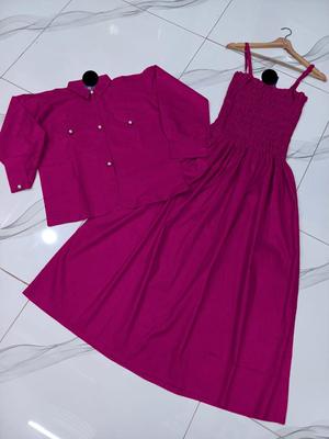 Kaaj Button Coati With Gazer Romper Frock - 2 Pcs Soft Cotton Plain Ensemble