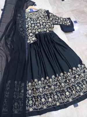 3 Pcs Women's Stitched Katan Silk Embroidered Maxi