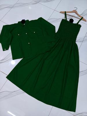 Kaaj Button Coati With Gazer Romper Frock - 2 Pcs Soft Cotton Plain Ensemble