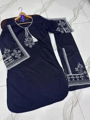 Stylish Women's Stitched Cotton Embroidered 2 Pcs Set - Round Neck Shirt & Trouser.