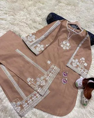 Stylish Women's Stitched Cotton Embroidered 2 Pcs Set - Round Neck Shirt & Trouser.