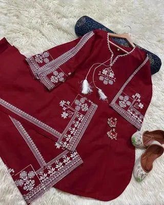 Stylish Women's Stitched Cotton Embroidered 2 Pcs Set - Round Neck Shirt & Trouser.