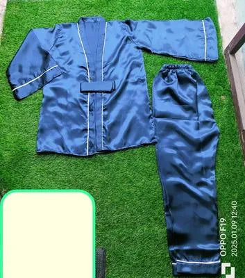 Luxurious Silk Night Suit - 2 Pcs in Elegant Blue | Women's Stitched Comfort