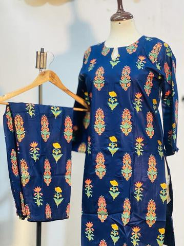 2 Pcs Women's Stitched Linen Block Printed Suit