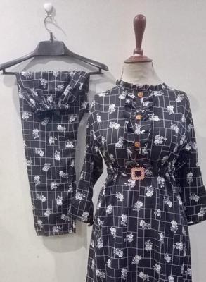 2 Pcs Women's Stitched Printed Frock And Trouser