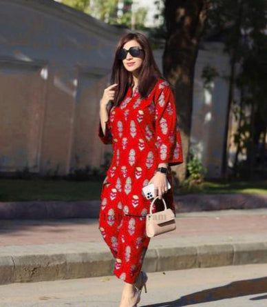 2 Pcs Women's Stitched Linen Block Printed Suit