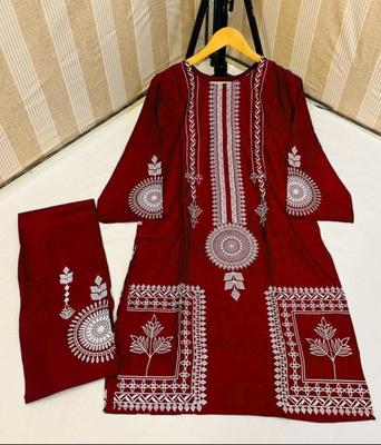 2 Pcs Women's Stitched Linen Block Printed Suit