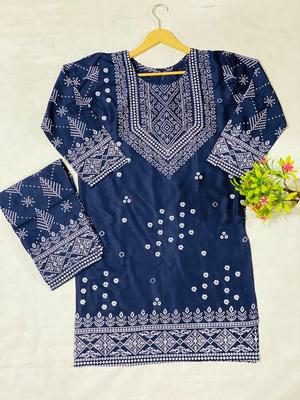 2 Pcs Women's Stitched Linen Block Printed Suit