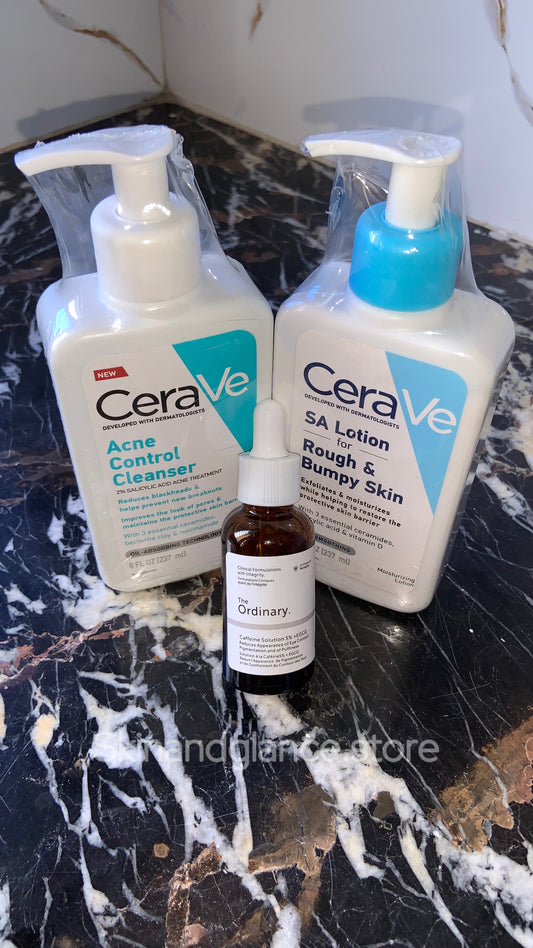 Deal Of 3 (CeraVe Acne Control Cleanser, Cera ve SA Lotion For Rough and Bumpy Skin and The Ordinary Caffeine Solution 5% + EGCG)