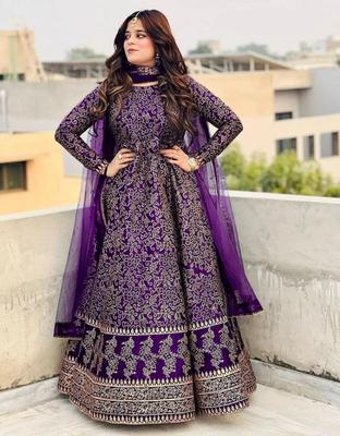 3 Pcs Women's Embroidered Silk Maxi Suit with Dupatta and Trouser