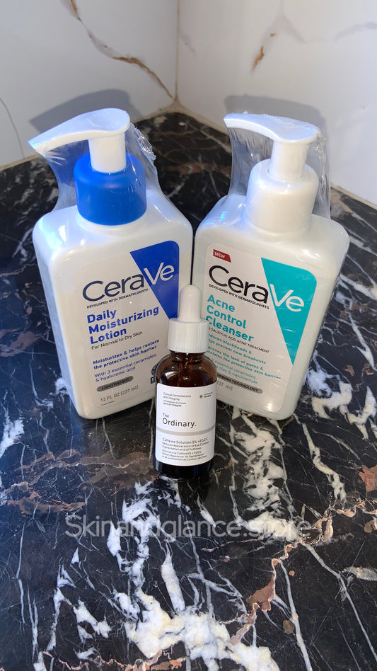 Deal Of 3 (CeraVe Daily Moisturizing Lotion, CeraVe Acne Control Cleanser and The Ordinary Caffeine Solution 5% + EGCG)
