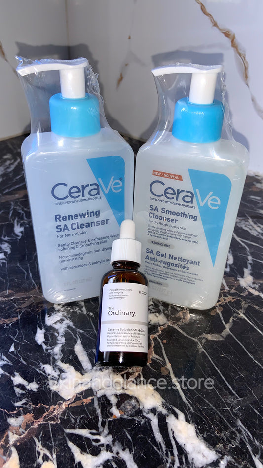 Deal Of 3 (Cerave Renewing SA Cleanser, CeraVe SA Smoothning Cleanser and The Ordinary Caffeine Solution 5% + EGCG)
