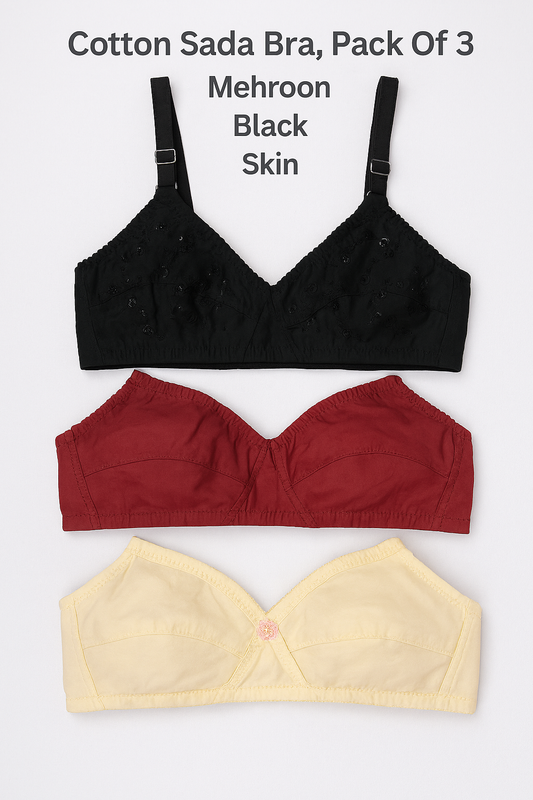 Cotton Sada Bra Pack Of 3 – Mehroon, Black & Skin Color | Comfortable 3 Hook Non-padded Bra For Women