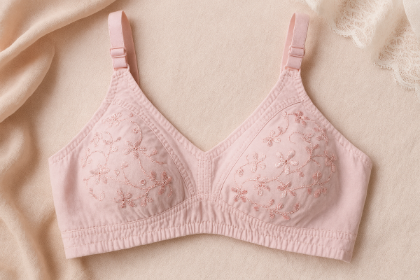 01 Pcs Cotton Embroidered Chikan Bra For Women – Soft Breathable Fabric, Floral Design, Adjustable Straps, 2-hook Closure, Daily Wear
