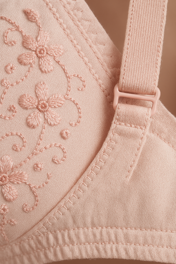 01 Pcs Cotton Embroidered Chikan Bra For Women – Soft Breathable Fabric, Floral Design, Adjustable Straps, 2-hook Closure, Daily Wear