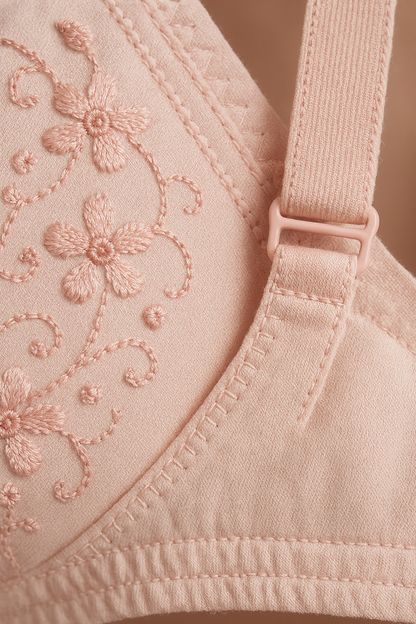 01 Pcs Cotton Embroidered Chikan Bra For Women – Soft Breathable Fabric, Floral Design, Adjustable Straps, 2-hook Closure, Daily Wear