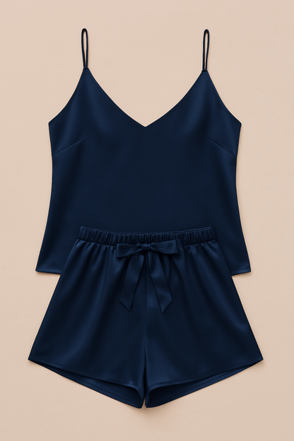 Satin Sleepwear Set – Luxe Camisole & Shorts In Navy, Maroon & Black | Silky Soft, Elegant Fitsatin Sleepwear Set – Luxe Camisole & Shorts In Navy, Maroon & Black | Silky Soft, Elegant Fit