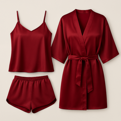 3-piece Satin Sleepwear Set For Women – Camisole, Shorts & Robe | Elegant Nightwear & Loungewear – Free Size