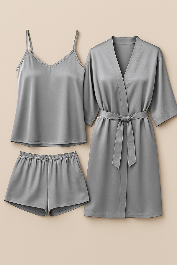 3-piece Satin Sleepwear Set For Women – Camisole, Shorts & Robe | Elegant Nightwear & Loungewear – Free Size