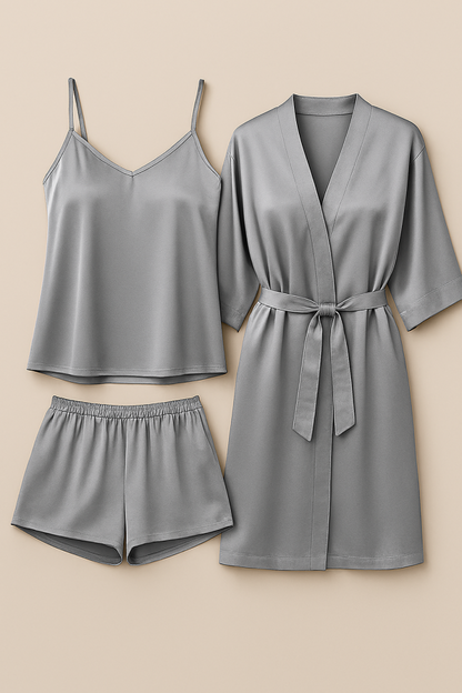 3-piece Satin Sleepwear Set For Women – Camisole, Shorts & Robe | Elegant Nightwear & Loungewear – Free Size