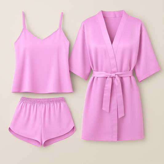 3-piece Satin Sleepwear Set For Women – Camisole, Shorts & Robe | Elegant Nightwear & Loungewear – Free Size