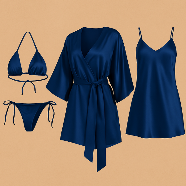4 Pcs-style Satin Lingerie Set – Bikini, Slip Dress & Robe Combo – Free Size