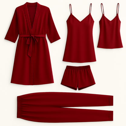 5-piece Satin Sleepwear Set – Robe, Camisole, Shorts, Pants & Slip Dress